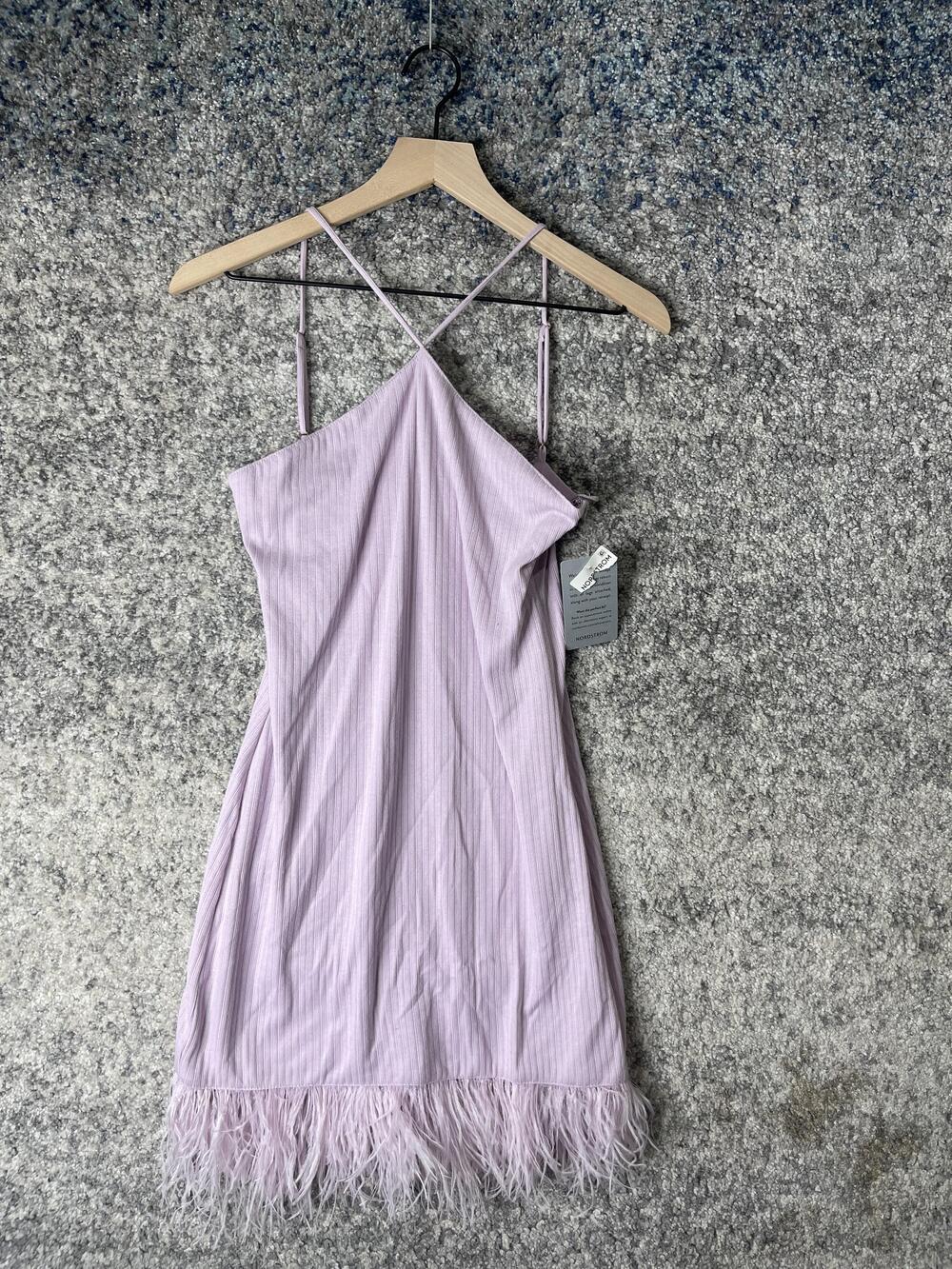 Saylor Dress Womens Small Lilac Ostrich Feather Hem Mini Spaghetti Strap Party